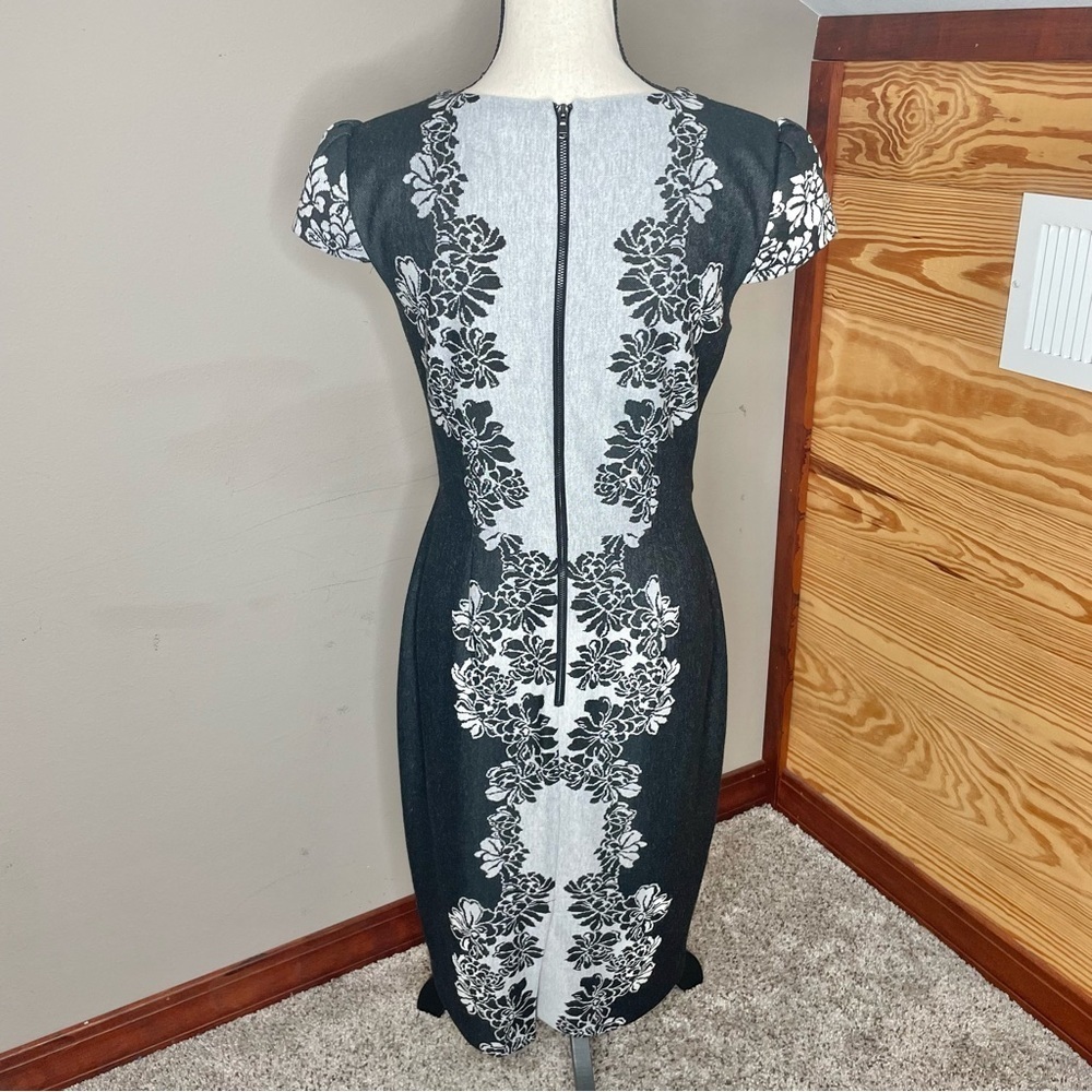Betsey Johnson Floral Cap Sleeve Midi Pencil Dress Black Grey 6 Office - Picture 2 of 9